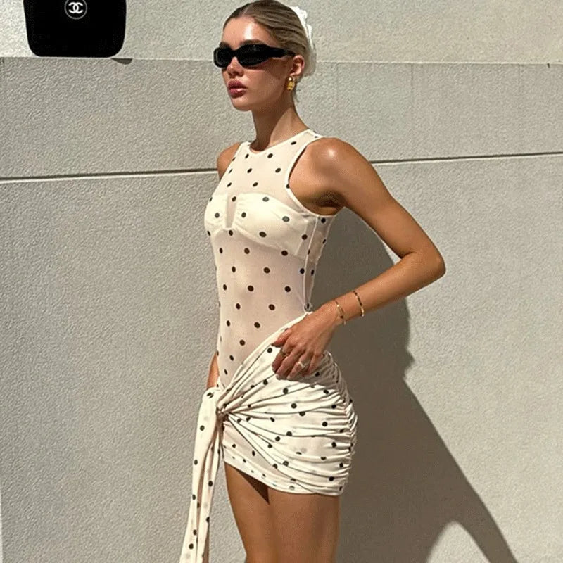 Glorol - Polka Dot Lace-Up Printed Patchwork Sleeveless Mini Dress
