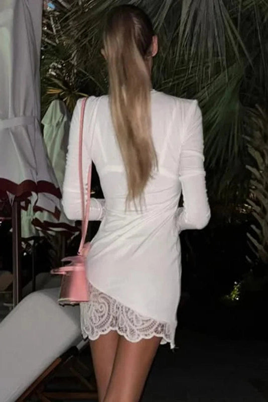 Glorol - Patchwork Lace Round Neck Bodycon High-Waisted Mini Dress