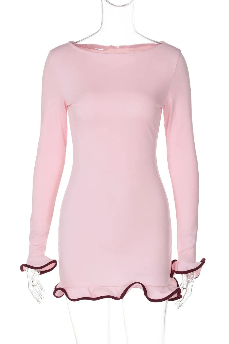 Glorol - Elegant Slim Fit Patchwork Long Sleeve Backless Midi Dress