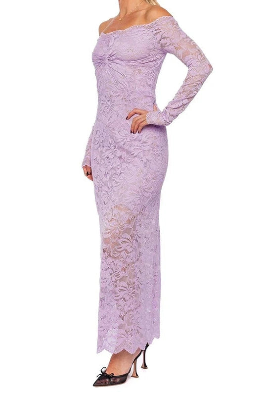 Glorol - Lace Embroidery High Waist Off-Shoulder Slim Maxi Dress