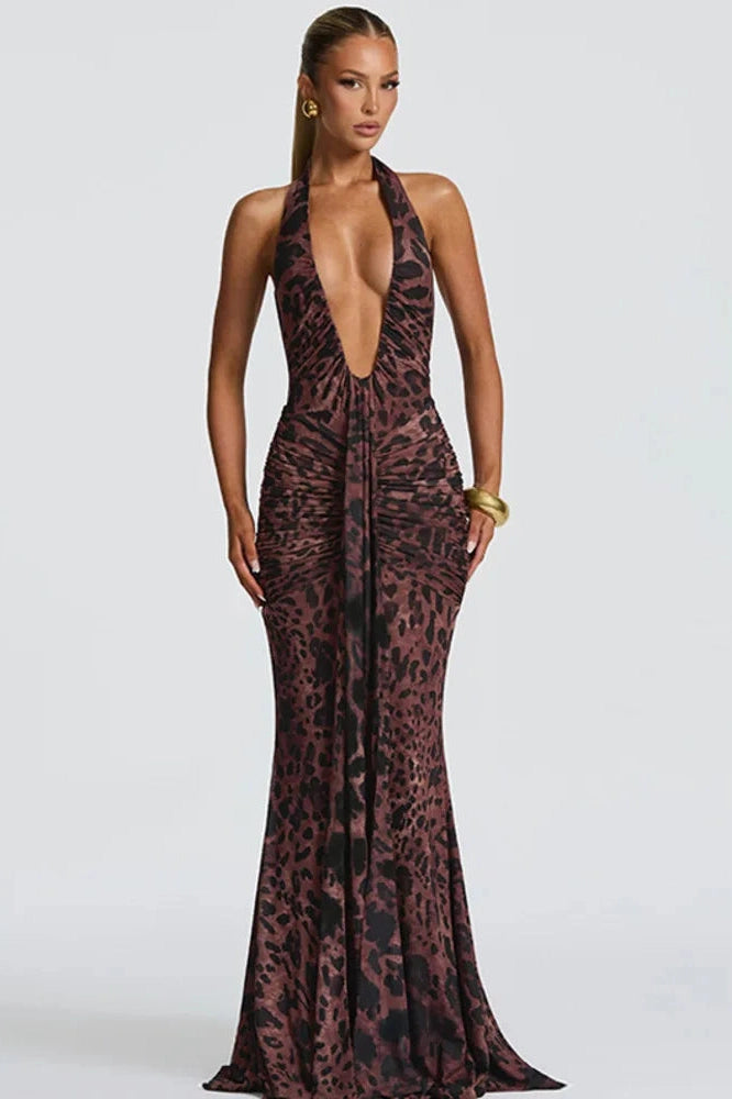 Glorol - Printed Backless Deep V Neck Sleeveless Bodycon Maxi Dress