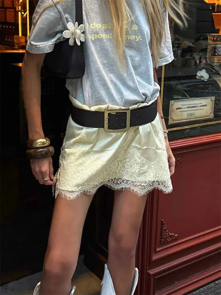 Glorol - High Waist Lace Patchwork Printed Skirt