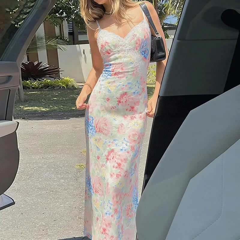 Glorol - Lace Printed V-Neck High Waist Patchwork Maxi Dress