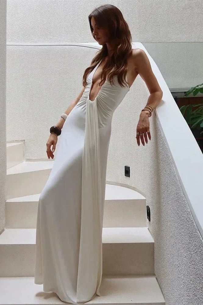 V-Neck High Waist Backless Slim Pleated Maxi Dress