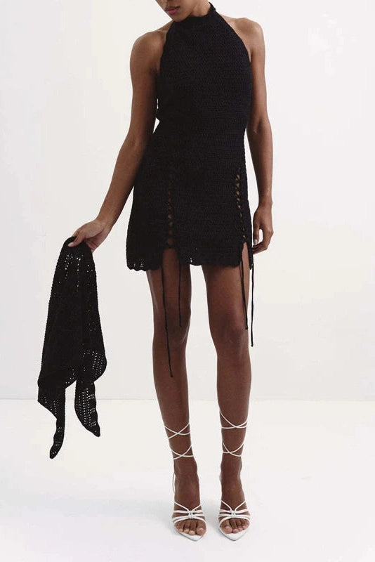 Glorol - Hollow Out Backless Sleeveless Slim Tie Up Mini Dress