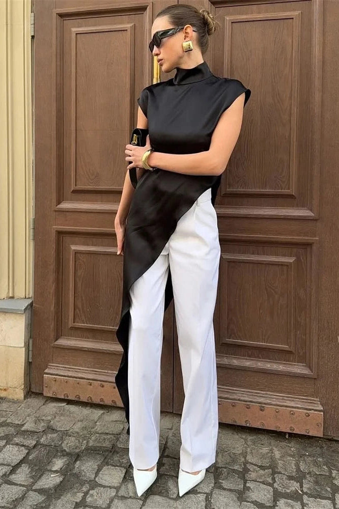 Glorol - Sleeveless Turtleneck Patchwork Slim Midi Dress
