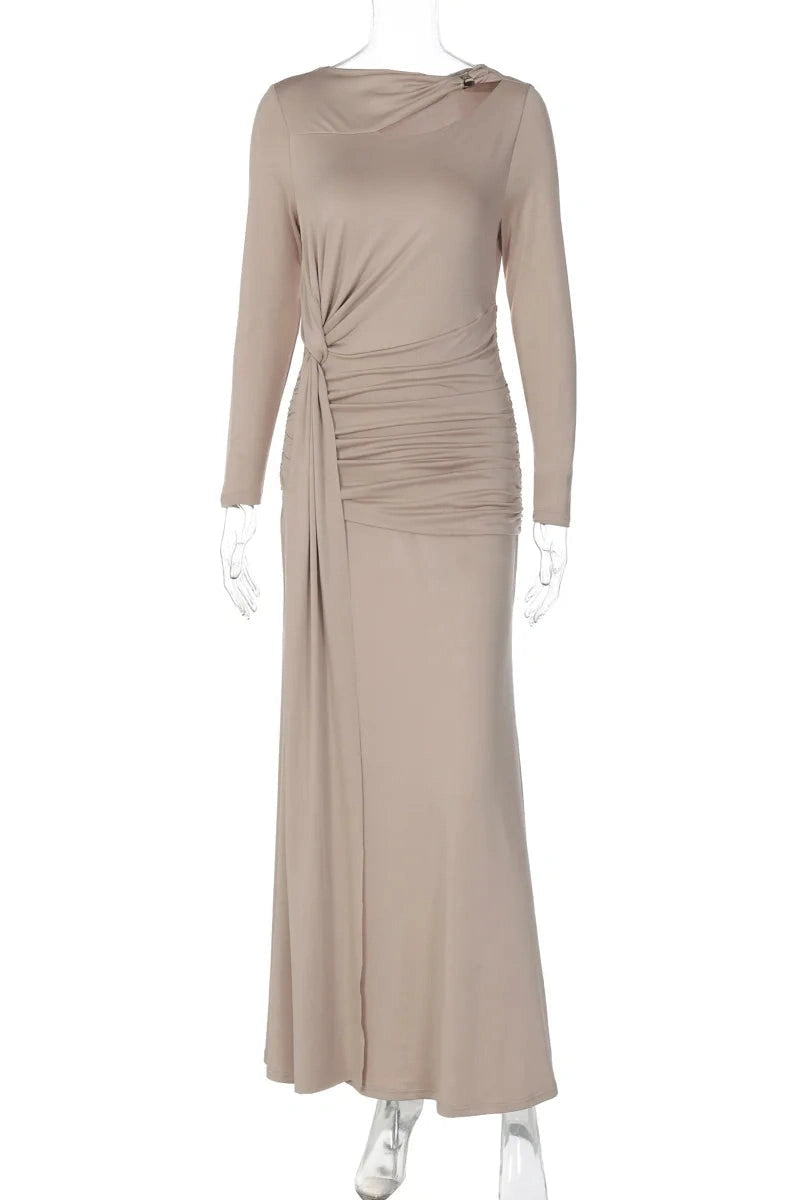Glorol - Elegant Pleats Slim-Fit Long-Sleeved Irregular Maxi Dress