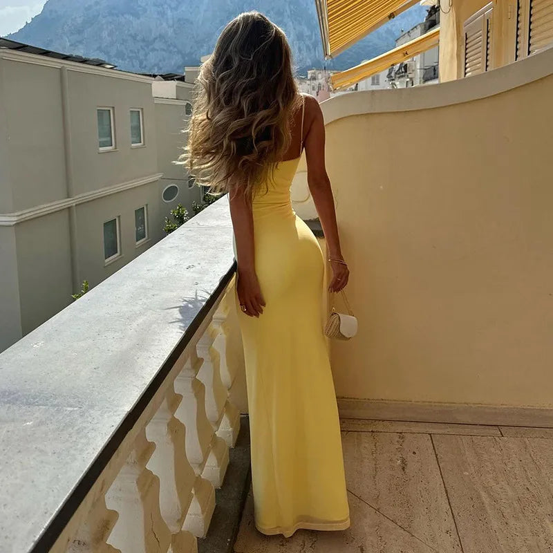 Spaghetti Strap V Neck Backless Slim Maxi Dress