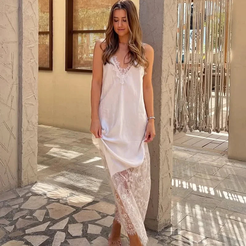Glorol - Lace Patchwork V Neck See Through Sleeveless Maxi Dress