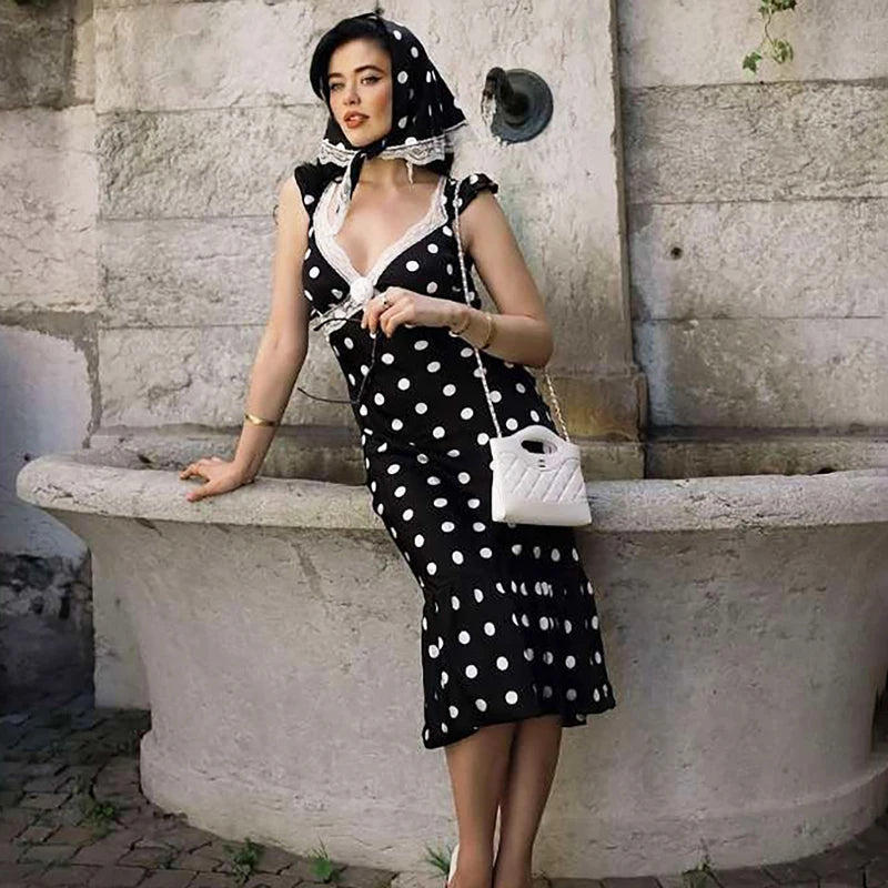 Glorol - Lace Patchwork Polka Dot V-Neck Backless Midi Dress
