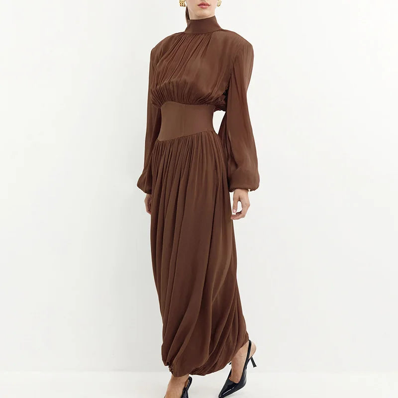 Glorol - Elegant Half High Neck High Waisted Patchwork Maxi Dress