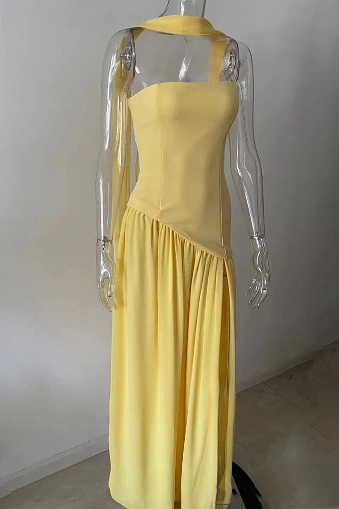 Glorol - Elegant Slim Lace Up Strapless Irregular Maxi Dress