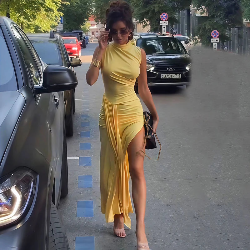 Glorol - Pleated Sleeveless High Slit Maxi Dress