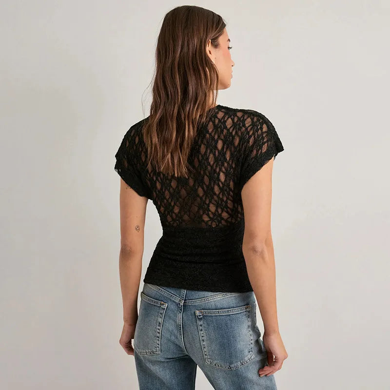 Glorol - Hollow-Out Slim V-Neck Short-Sleeve Top