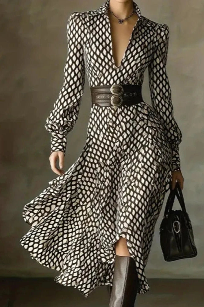 Glorol - Elegant Pleated High Waist Printed Long Sleeve Midi Dress