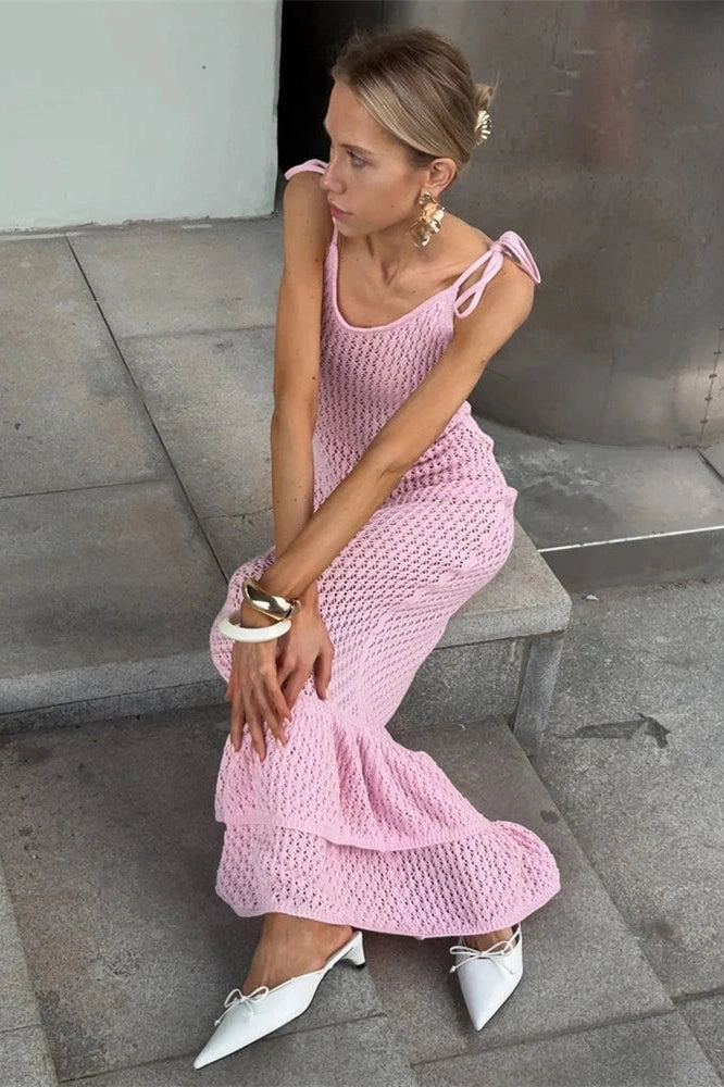 Glorol - Hollow Out Lace-Up High Waist Slim Backless Maxi Dress