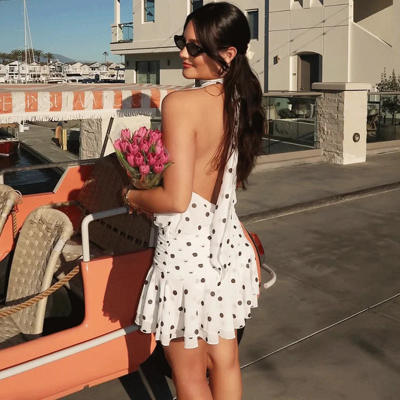 Glorol - Polka Dot Print Lace-Up Halter Neck Mini Dress