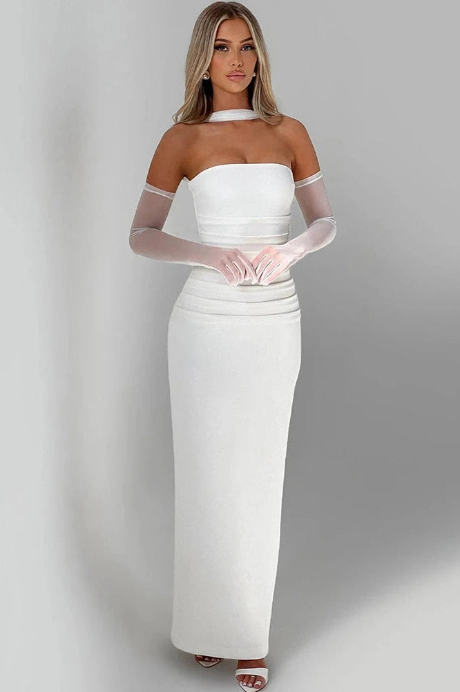 Glorol - Scarf Collar Strapless Off-Shoulder Backless Bodycon Maxi Dress