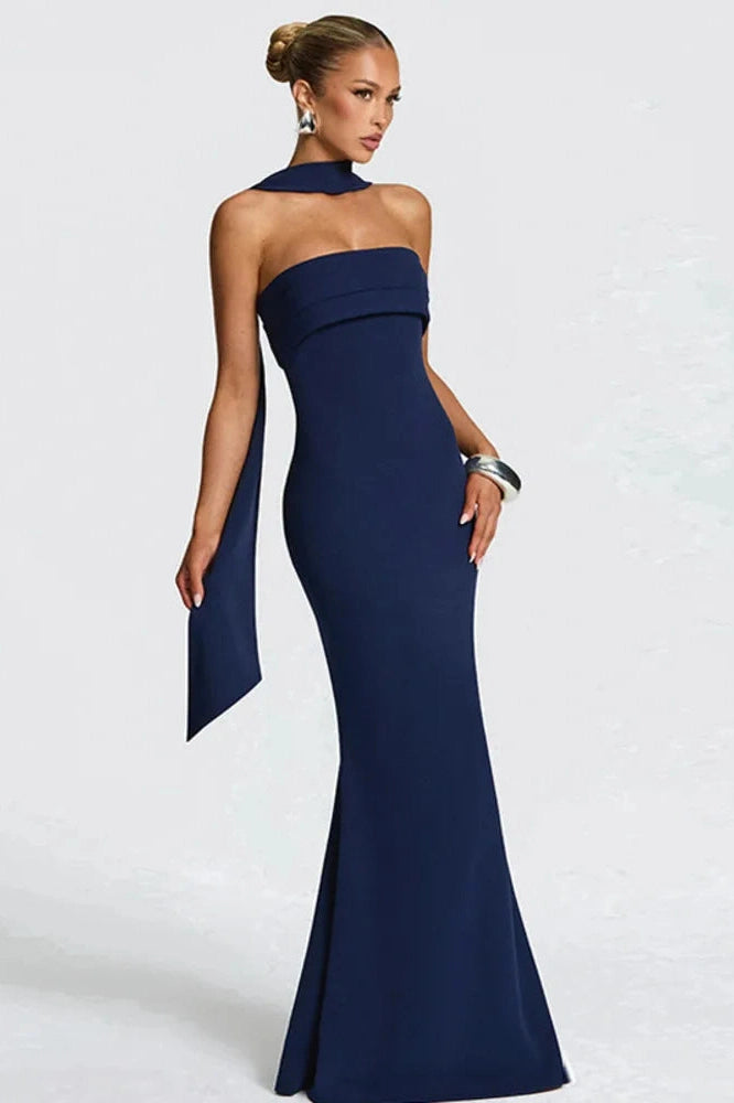 Glorol - Off-Shoulder Strapless Scarf Collar Sleeveless Backless Bodycon Maxi Dress