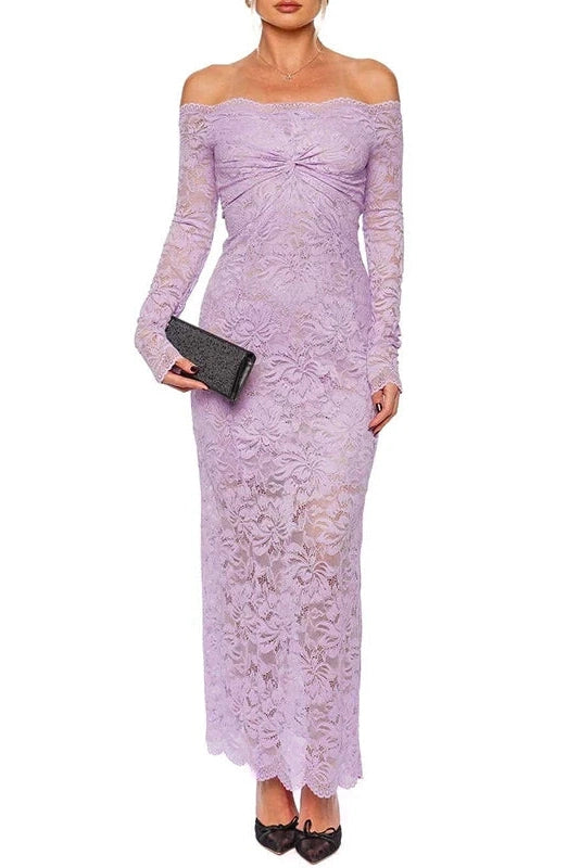 Glorol - Lace Embroidery High Waist Off-Shoulder Slim Maxi Dress