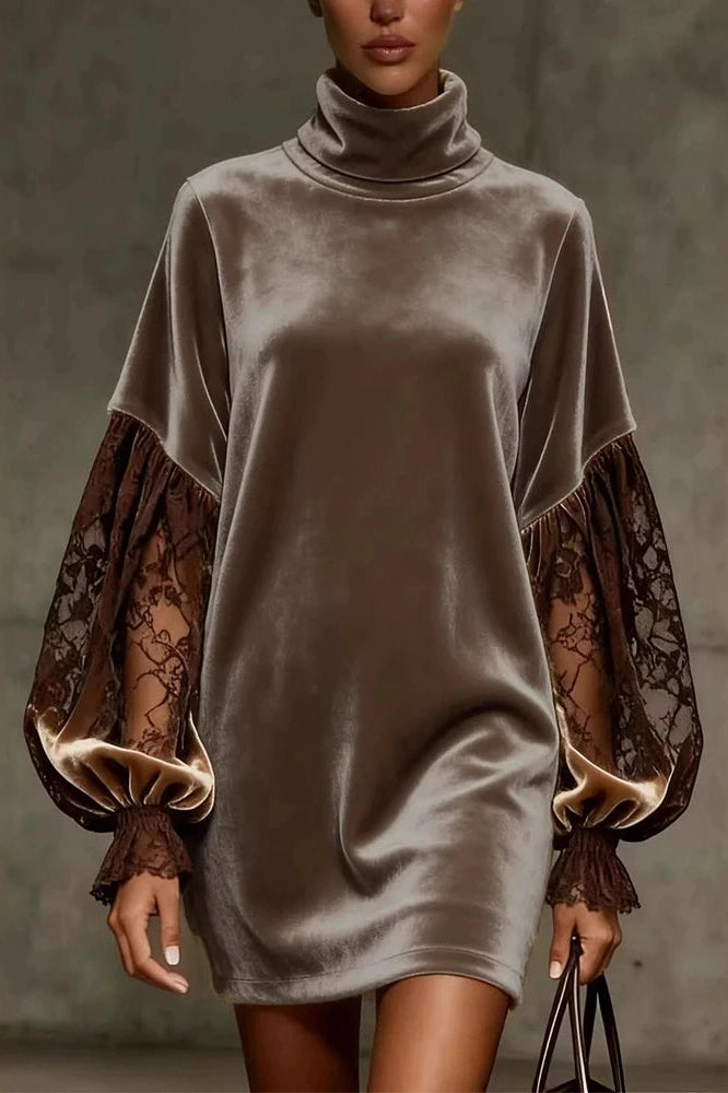 Glorol - Hollow Out Lace Turtleneck Loose Mini Dress