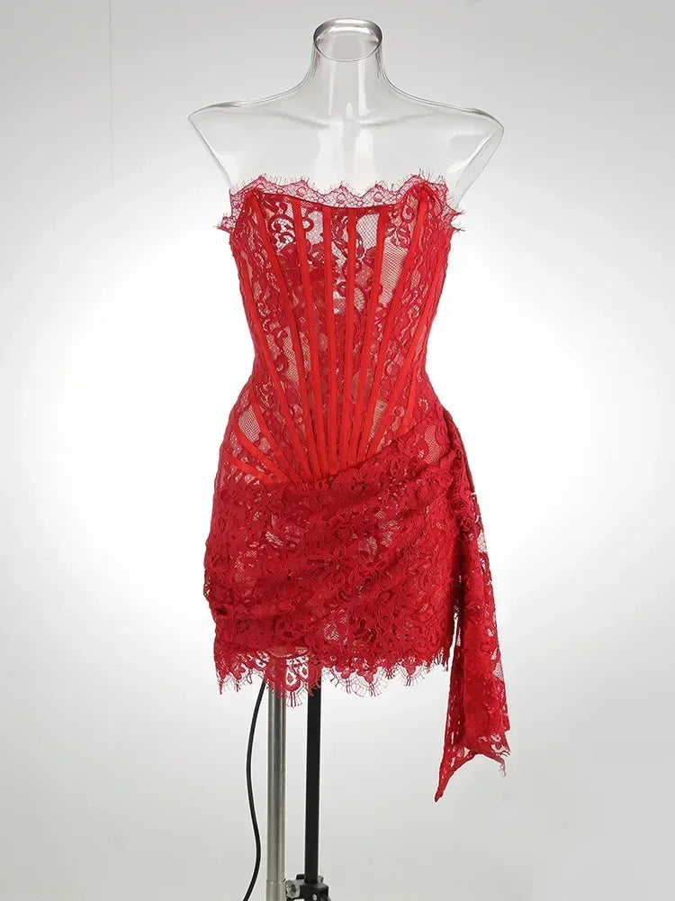 Glorol - Lace See-Through Bodycon Irregular Mini Dress