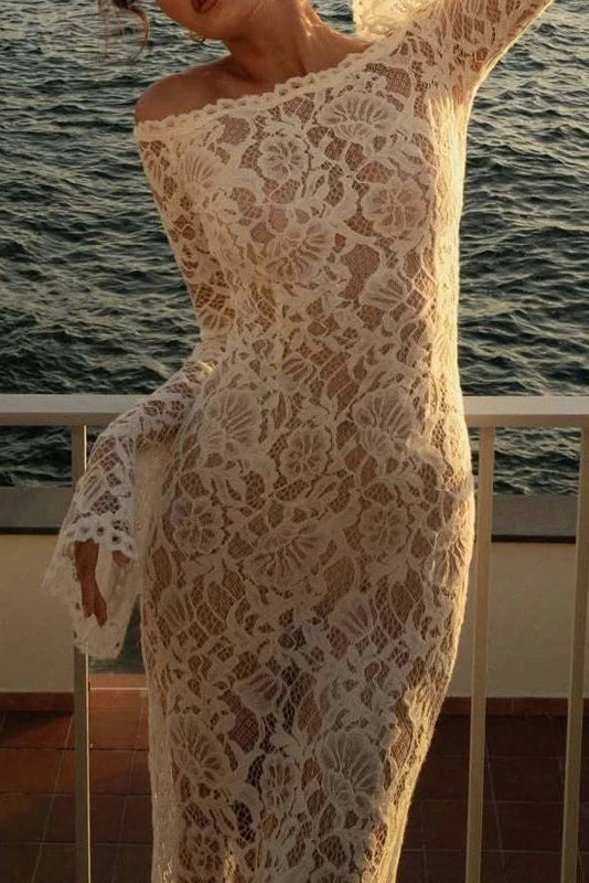 Glorol - Off Shoulder Long Sleeve Lace Slim High Waist Maxi Dress