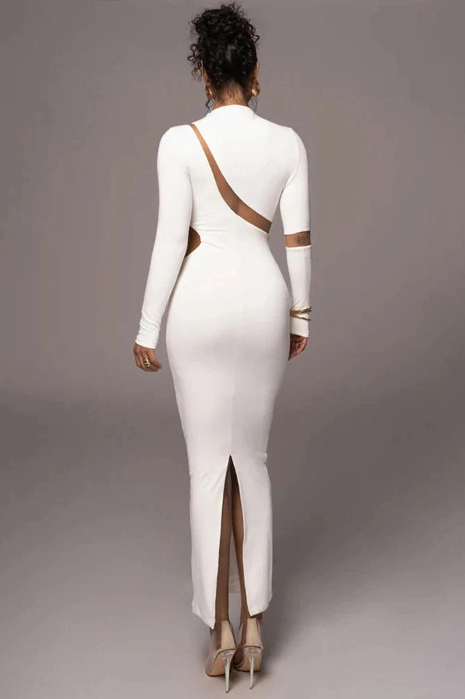 Glorol - Long Sleeve Bodycon Patchwork Hollow Out Maxi Dress