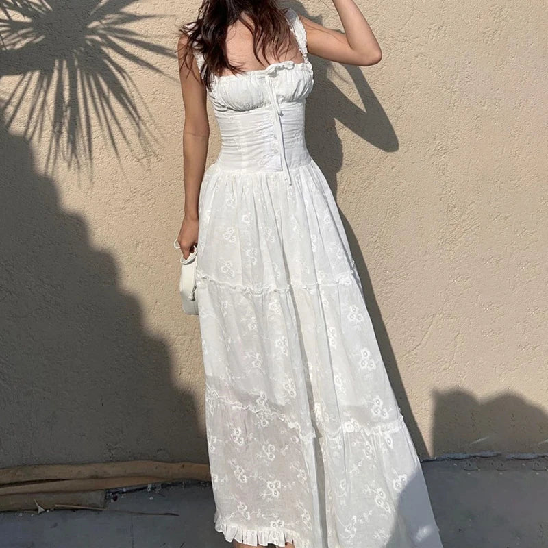 Glorol - Lace Up Square Collar High Waisted Maxi Dress