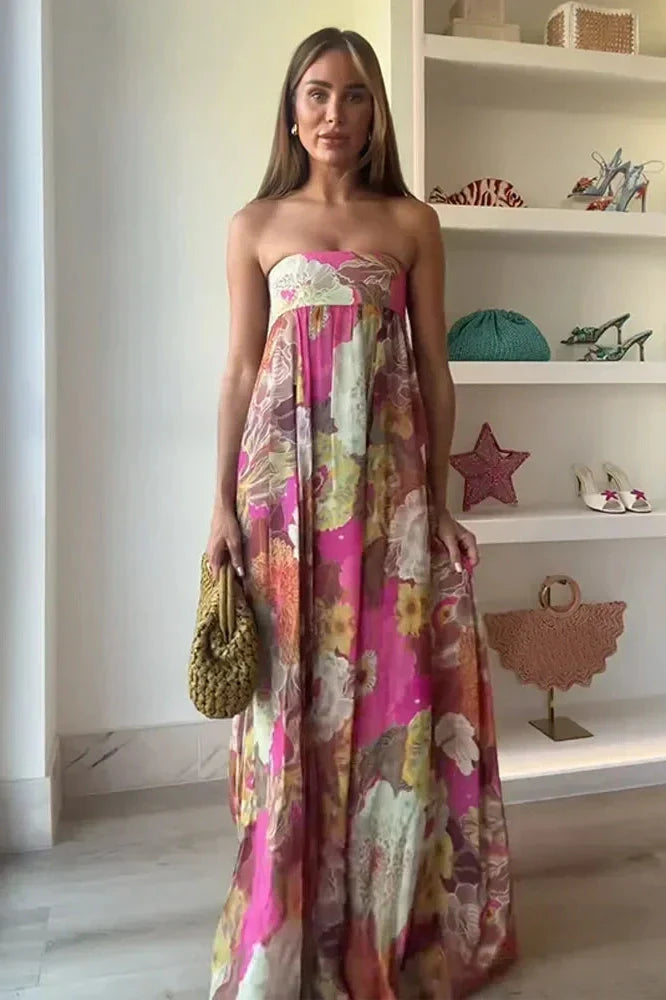 Notiglo - Elegant Printed Pleated High Waist Sleeveless Strapless Loose Maxi Dress
