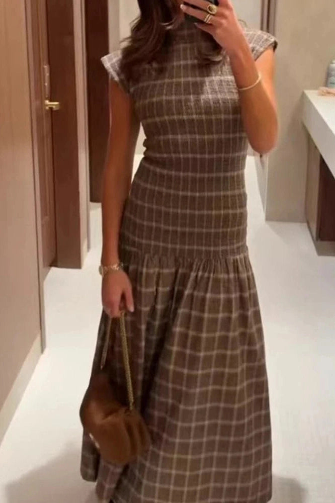 Glorol - O-Neck Short Sleeve High Waist Pleated Printed Slim Maxi Dress