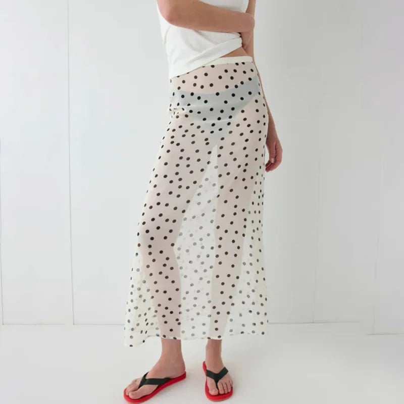 Glorol - High Waist Polka Dot See Through Printed Skirt