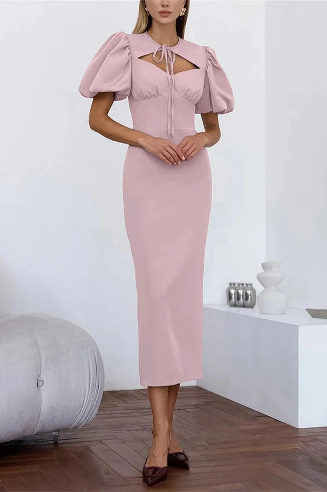 Glorol - Lace-Up Slim Short Sleeve High Waist Patchwork Midi Dress