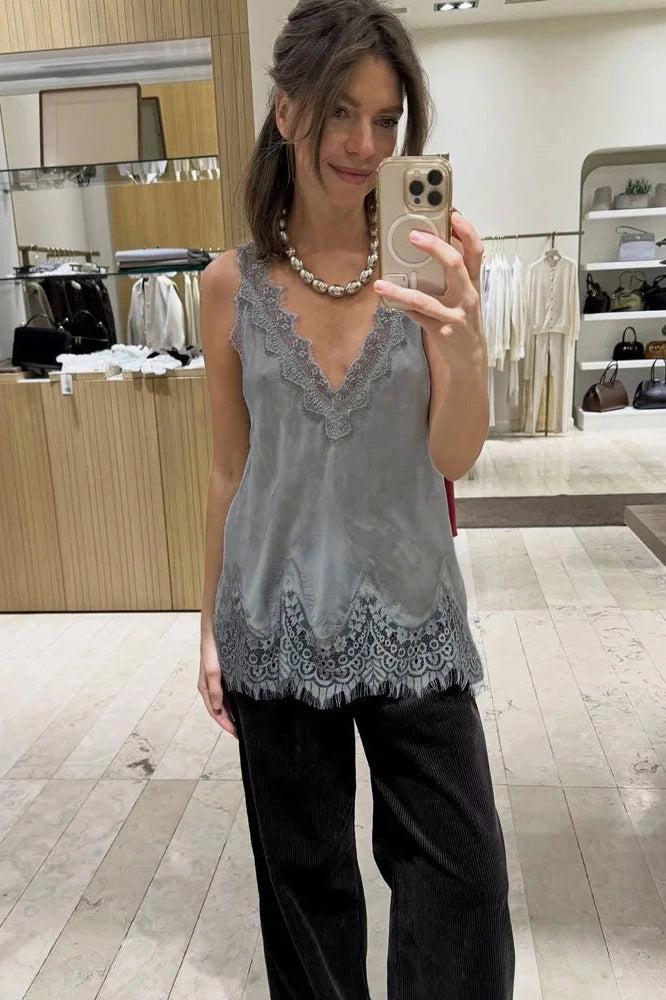 Glorol - Lace Printed V-Neck Patchwork Sleeveless Top