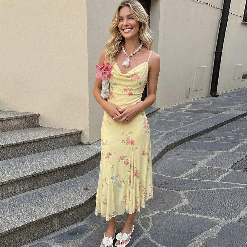 Glorol - Printed Backless Patchwork See-Through Midi Dress