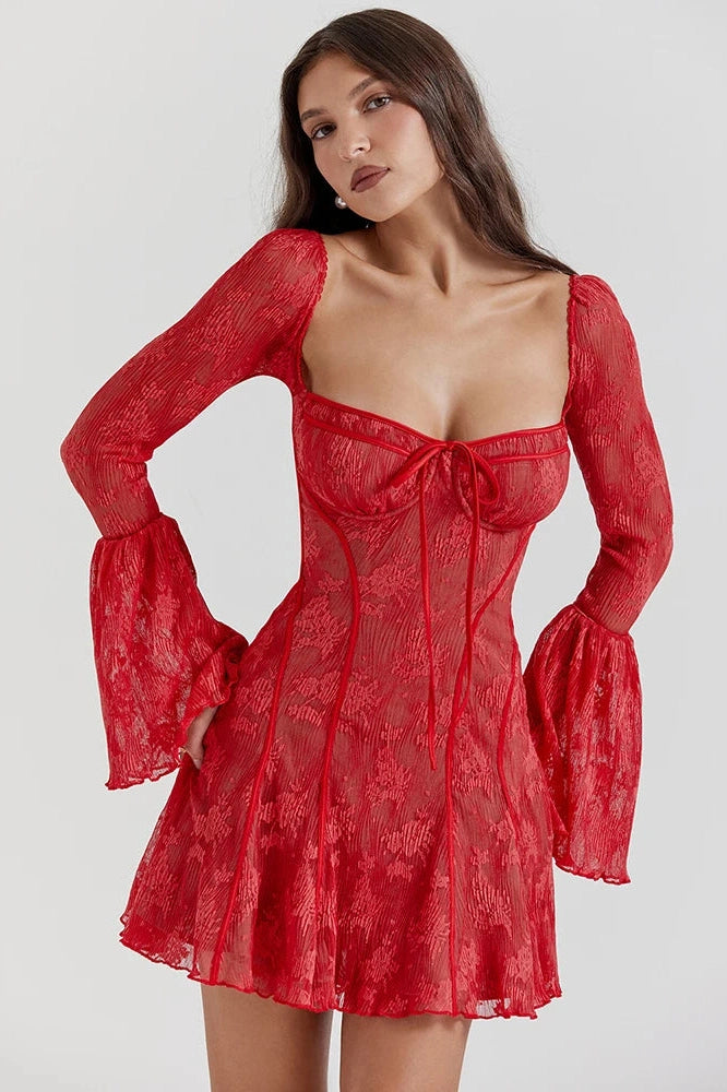 Glorol - Elegant Backless Flare Sleeve Print A-line Mini Dress