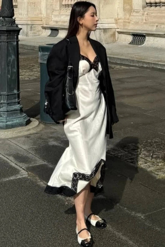 Glorol - Hollow Out V-Neck Patchwork Sleeveless Lace-Up Midi Dress