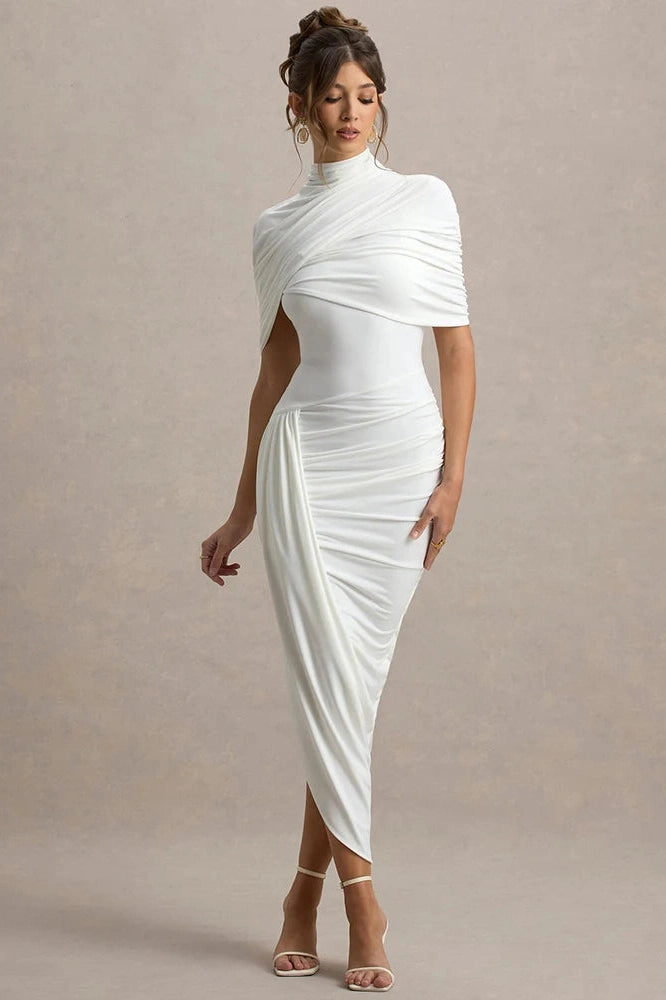 Glorol - Half Sleeve Backless Turtleneck Slim High Waist Midi Dress