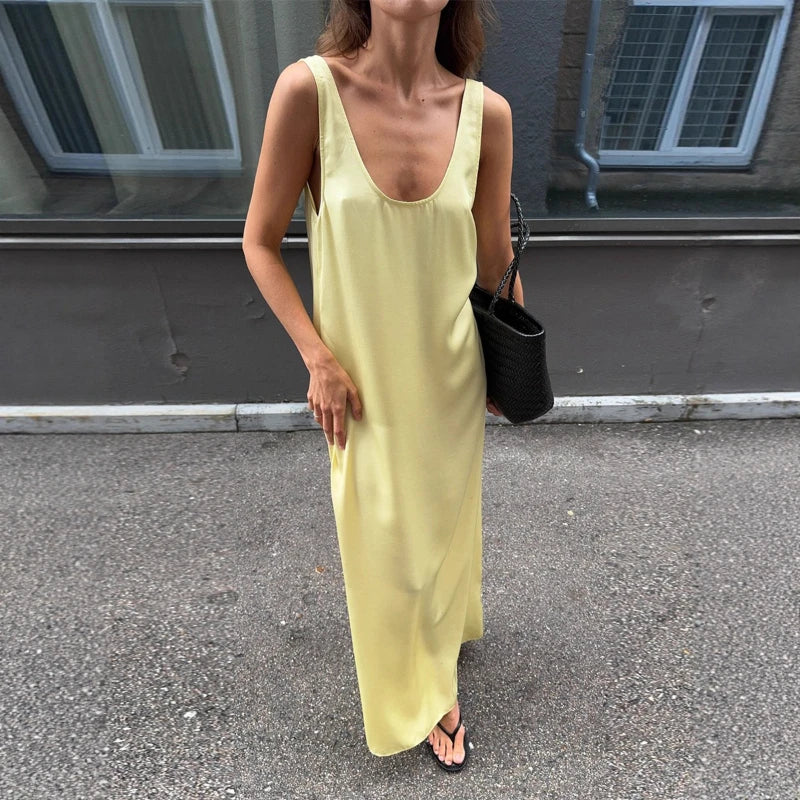 Glorol - Sleeveless U Neck Loose Backless Maxi Dress