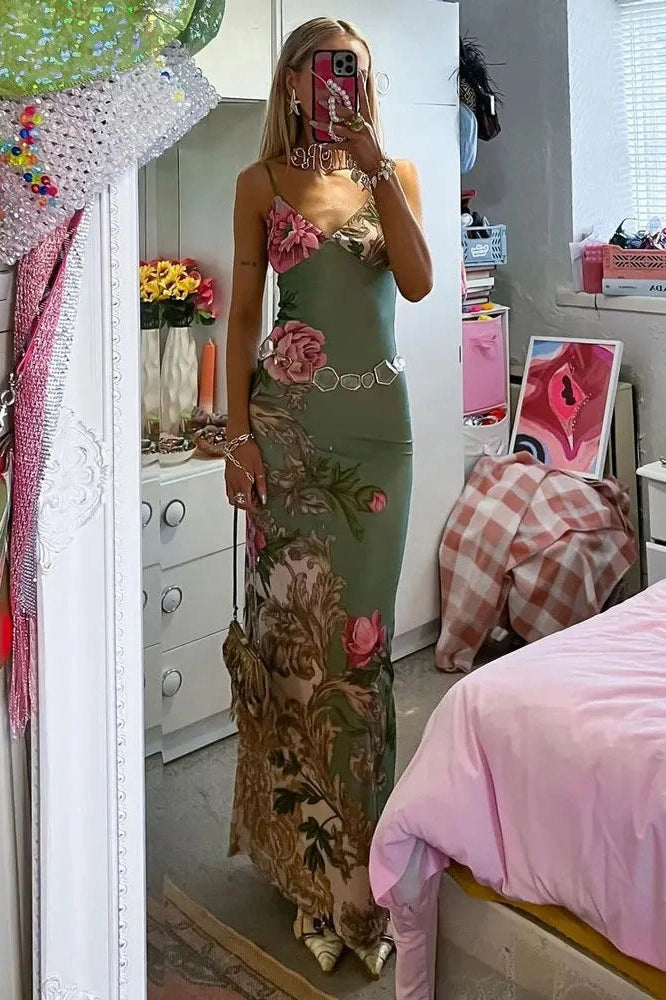 Glorol - Printed Slim Spaghetti Strap Maxi Dress