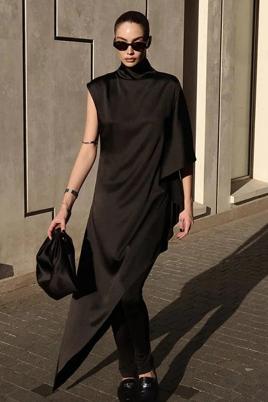 Glorol - Elegant Loose Turtleneck Sleeveless High Waist Irregular Maxi Dress