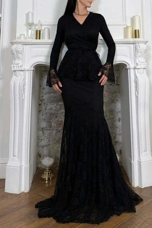 Glorol - O-Neck Lace High Waist Long Sleeve Pleated Maxi Dress
