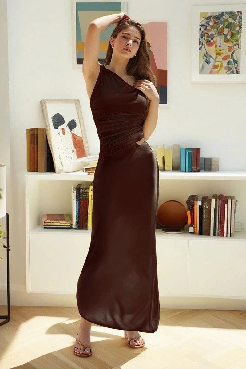 Glorol - Bodycon Slim One-Shoulder Patchwork Maxi Dress