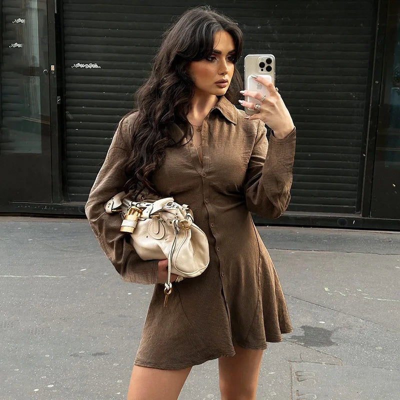 Glorol - Low Waist Long-Sleeved A-Line Mini Dress
