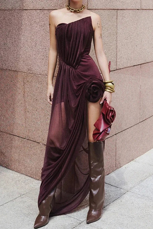 Hollow Out Sleeveless Pleated High Waist Irregular Maxi Dress