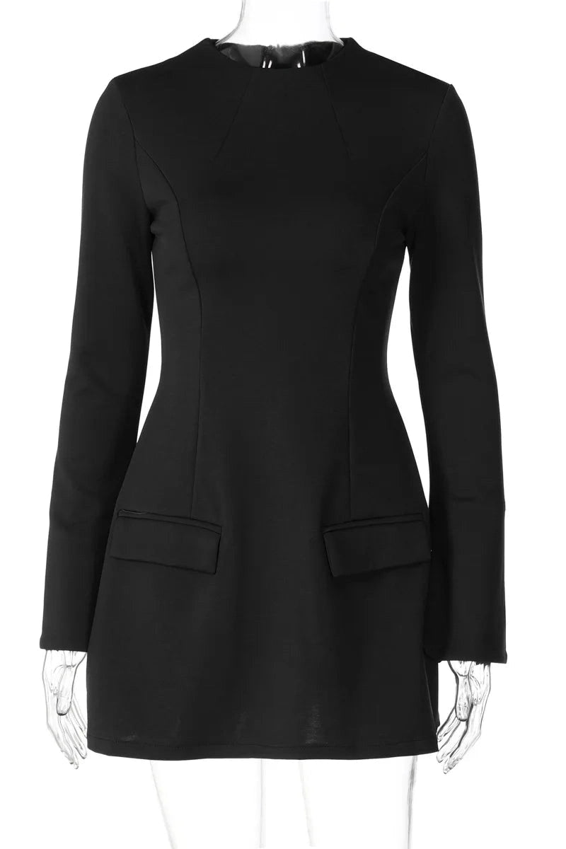 Glorol - Elegant Long Sleeve Slim A-Line High Waist Mini Dress