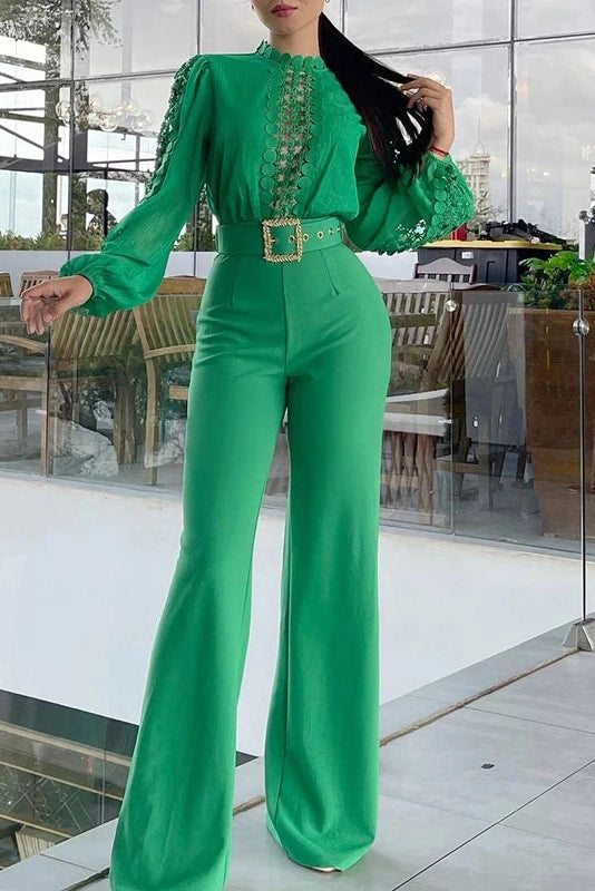 Glorol - High Waist Mesh Hollow Out Wide Leg Jumpsuit