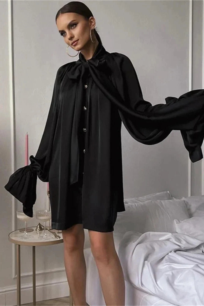 Glorol - Lace-Up Long Sleeve Loose Mini Dress
