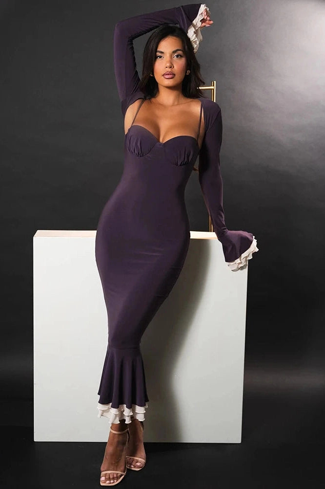 Glorol - Elegant Long Sleeve Patchwork Square Collar Maxi Dress