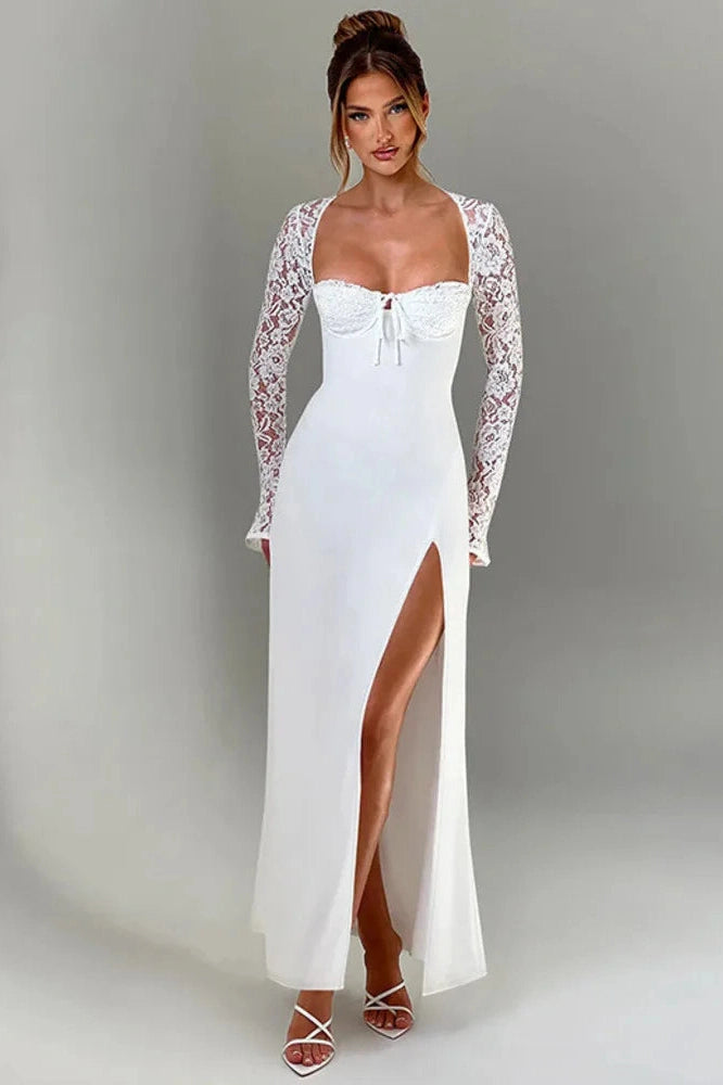 Glorol - Lace Long Sleeve Square Collar Backless Maxi Dress